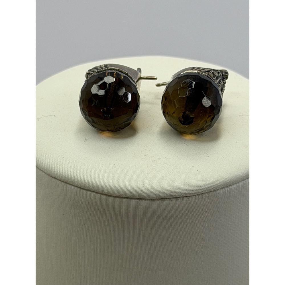 Vintage Sterling Silver Marcasite Smoky Brown Green Faceted Bead Drop Earrings